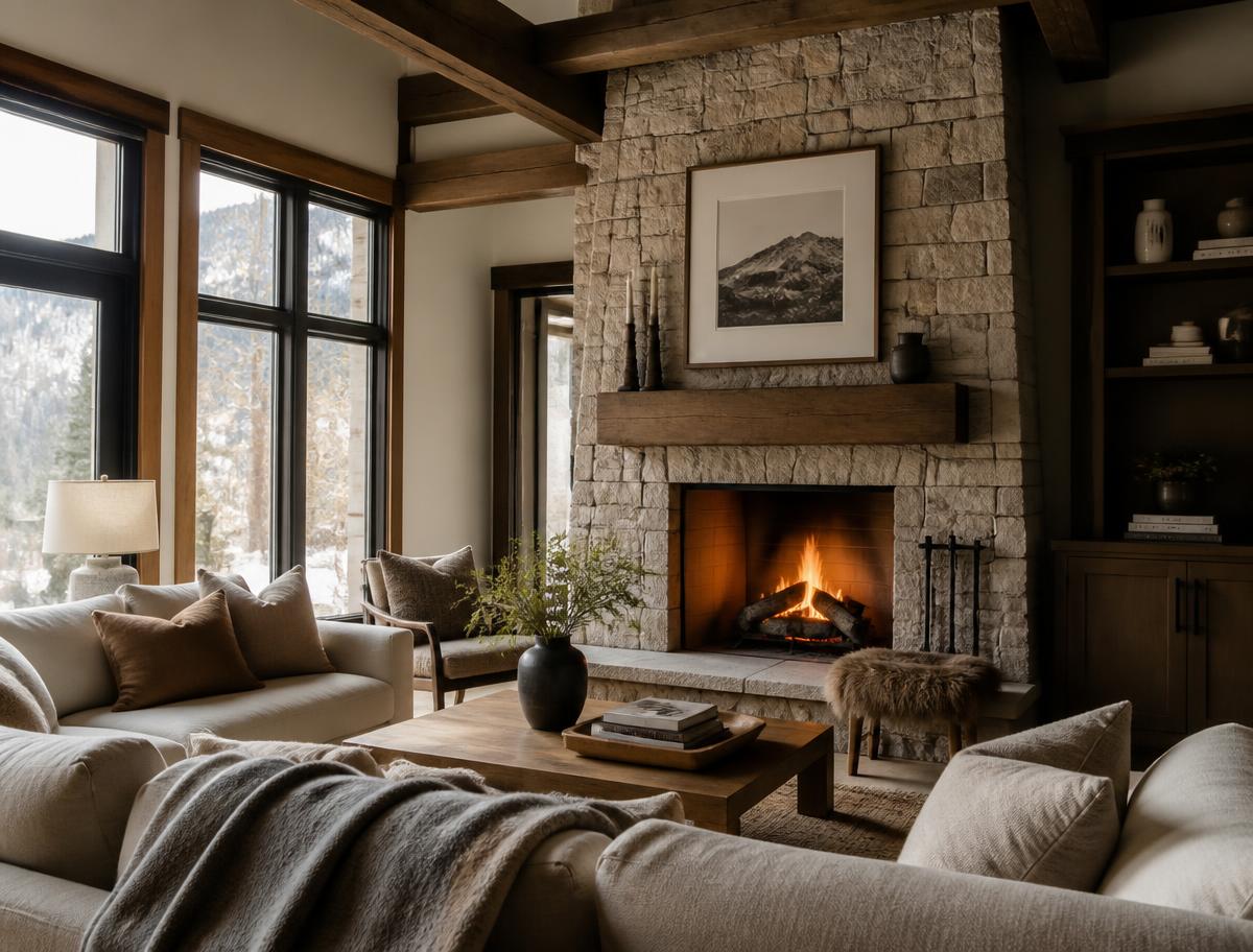 Cozy Park City living room with a lit stone fireplace