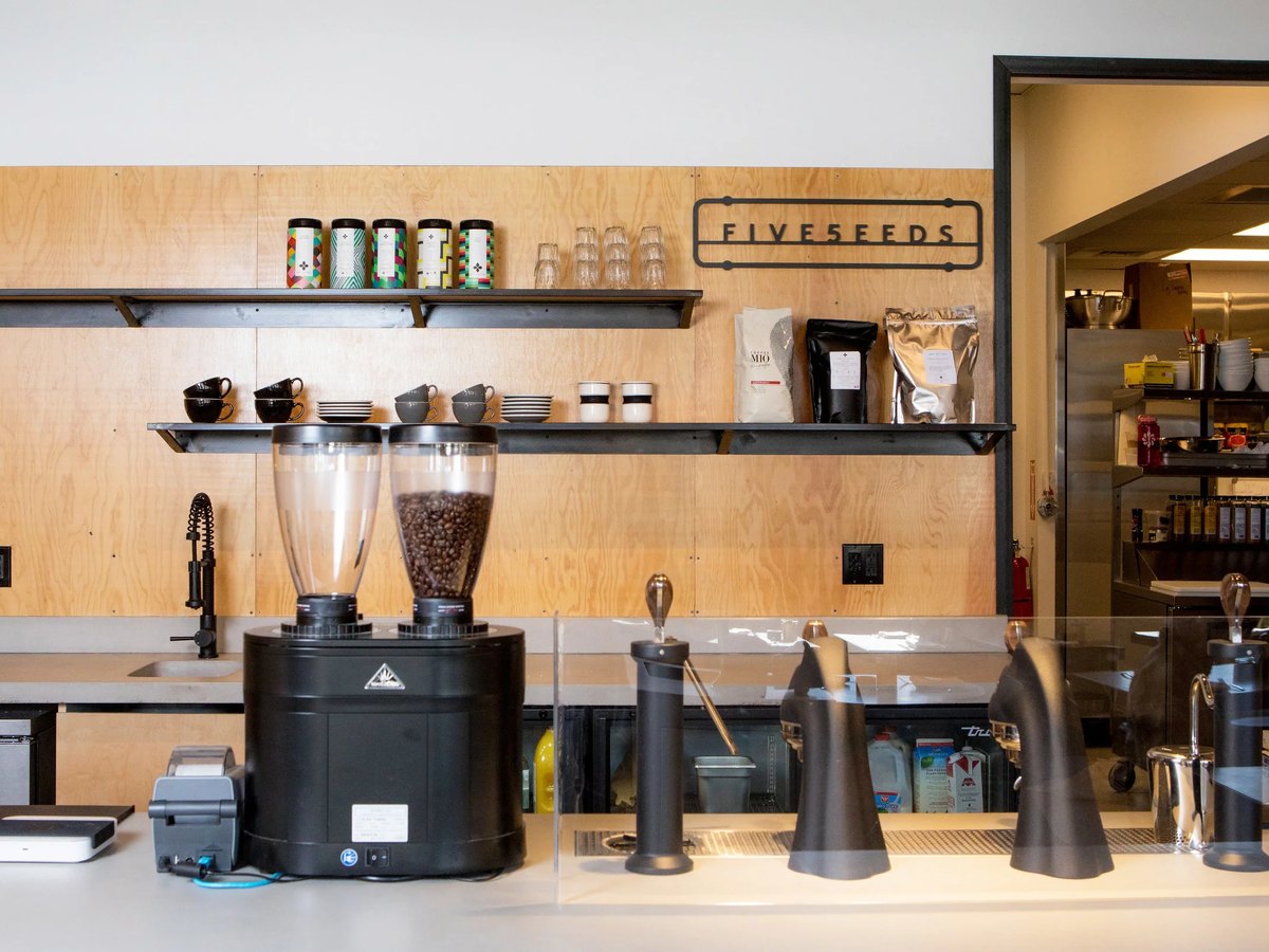 Cozy Method Park City breakfast and brunch guide: the coffee counter and open kitchen pass at Five5eeds in Snow Creek, Park City