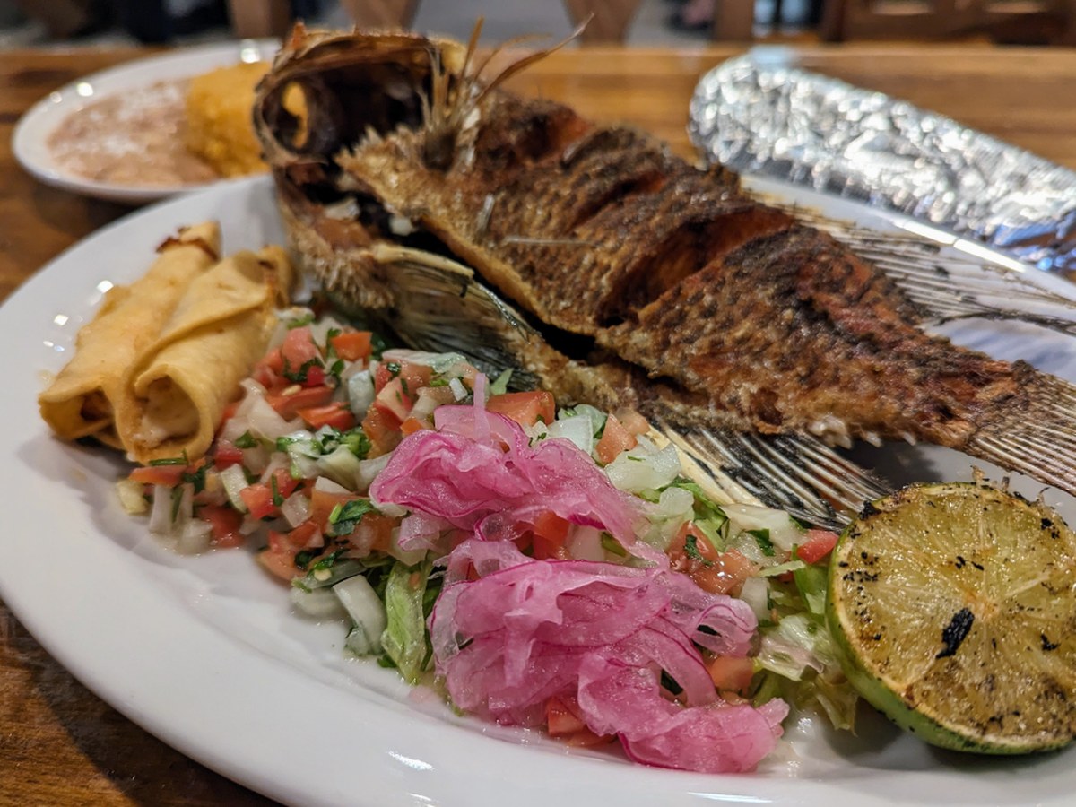 Cozy Method Park City Mexican restaurant guide: whole fried fish plated Sinaloa style at Mariscos El Cata inside Sergio's in Park City