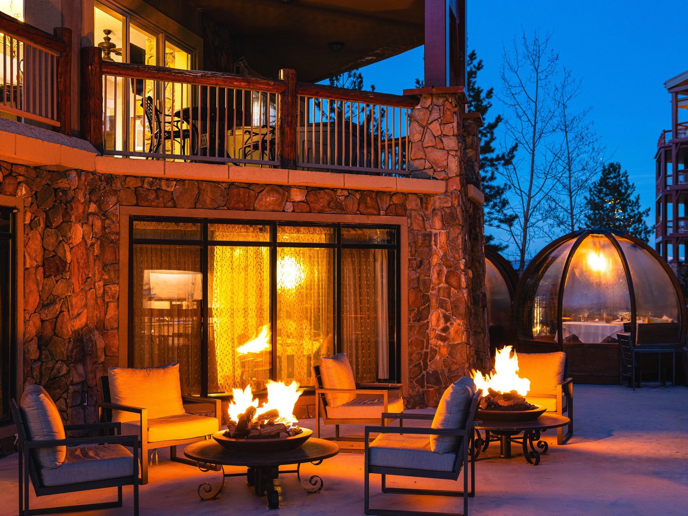 Cozy Method Park City steakhouse guide: the fire pit terrace outside Edge Steakhouse at Westgate Park City Resort at dusk