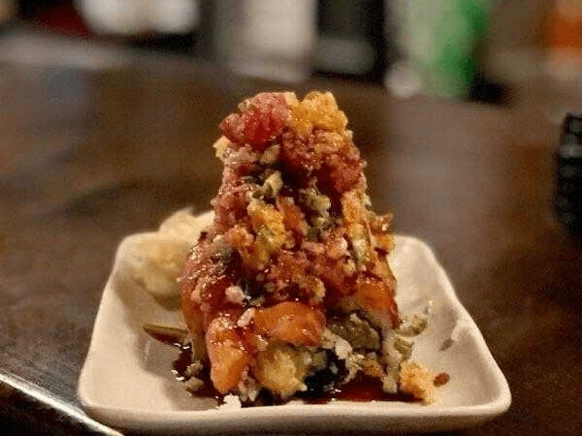 Cozy Method Park City sushi guide: layered specialty roll plated at Shoyu Sushi House in Park City