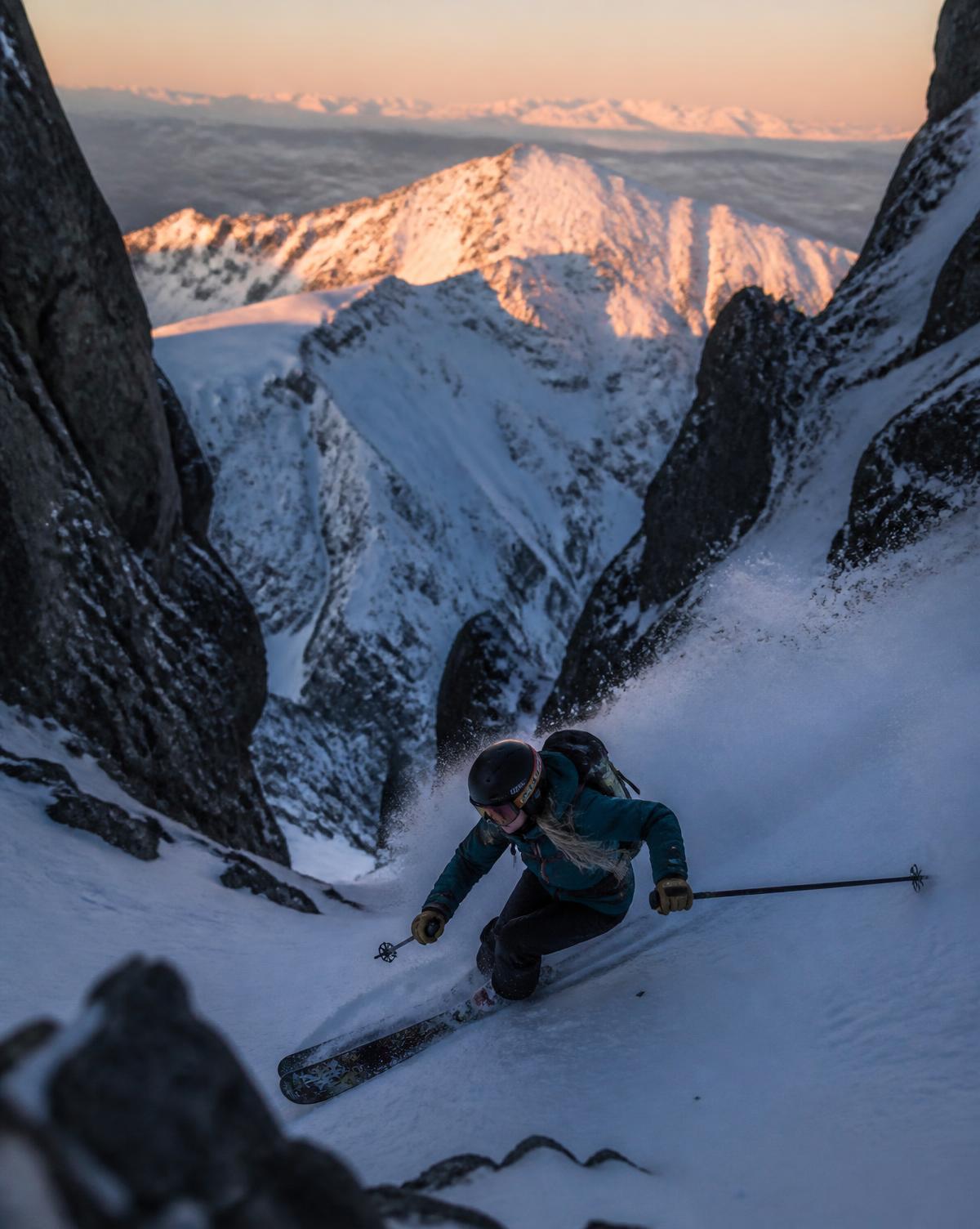 Dani skiing a steep couloir at alpenglow in the Wasatch backcountry