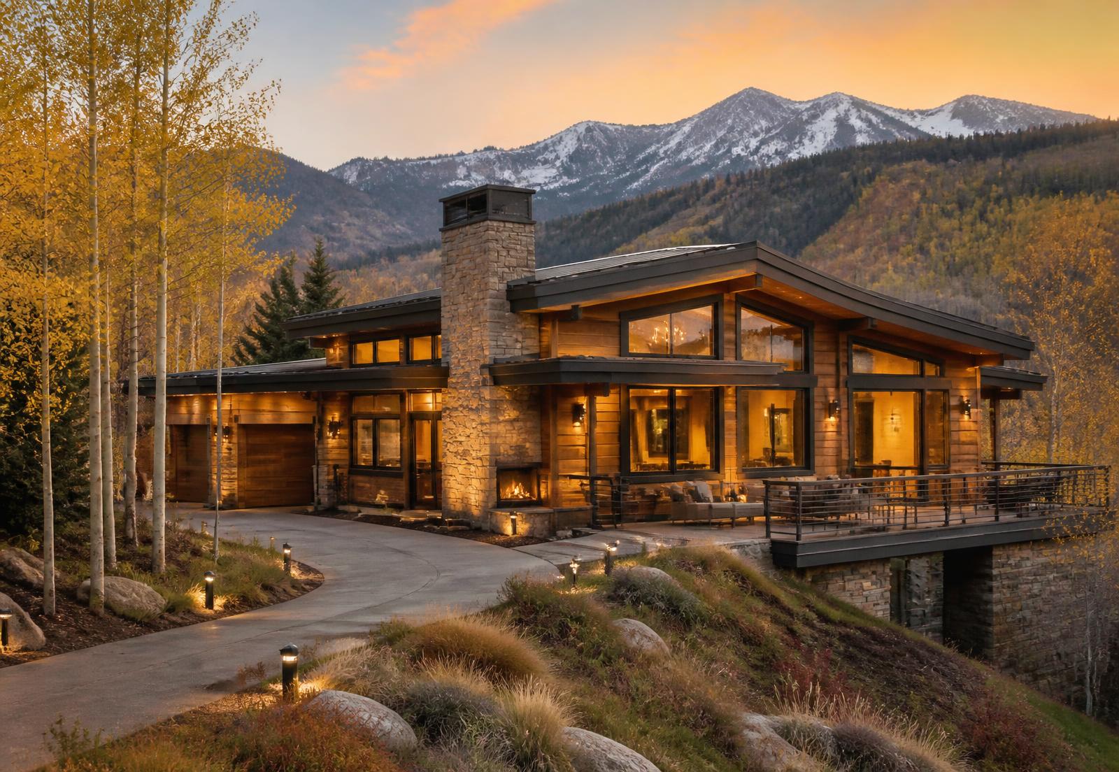 Modern mountain home in Park City at golden hour
