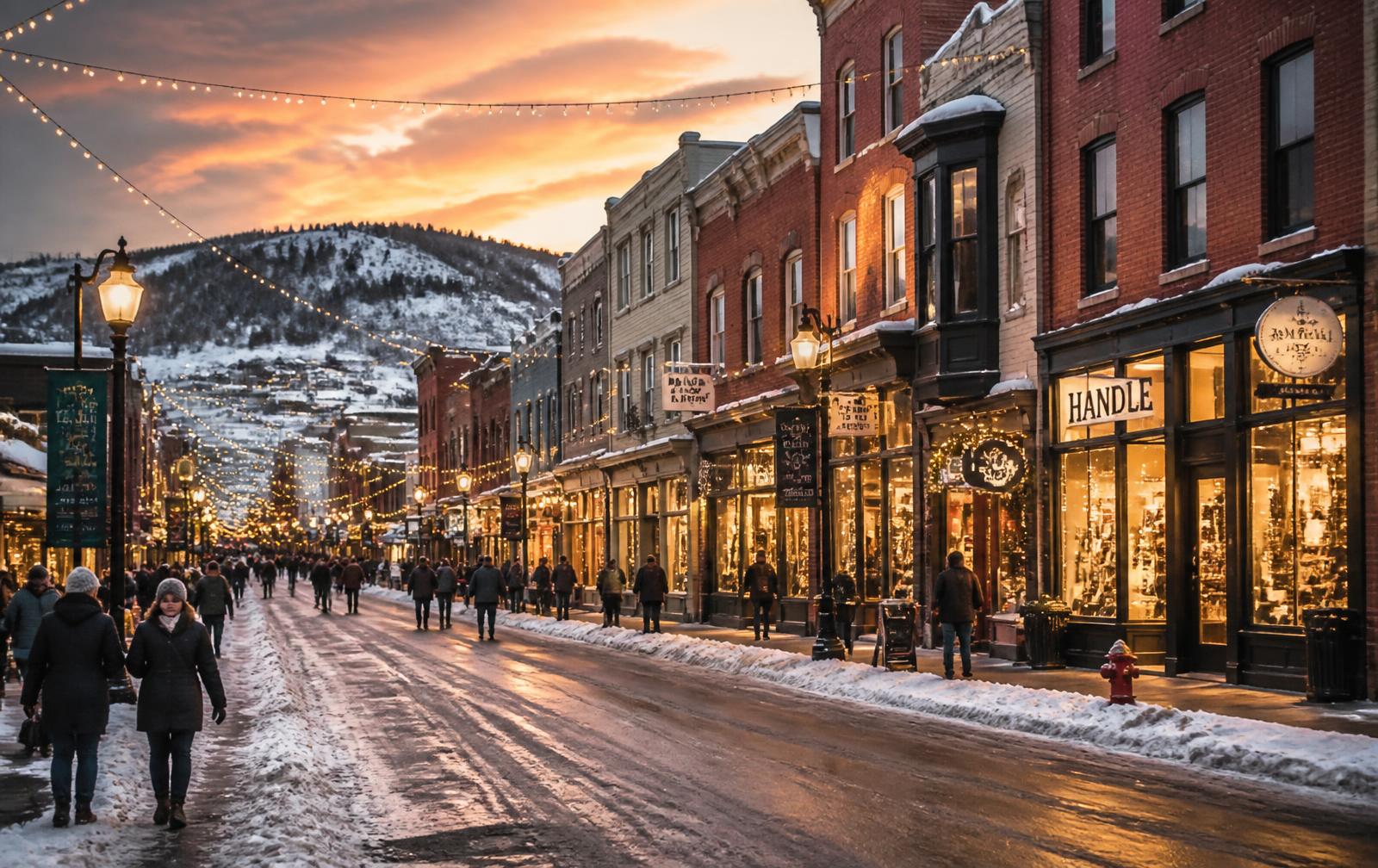 Park City Main Street glowing under string lights in winter