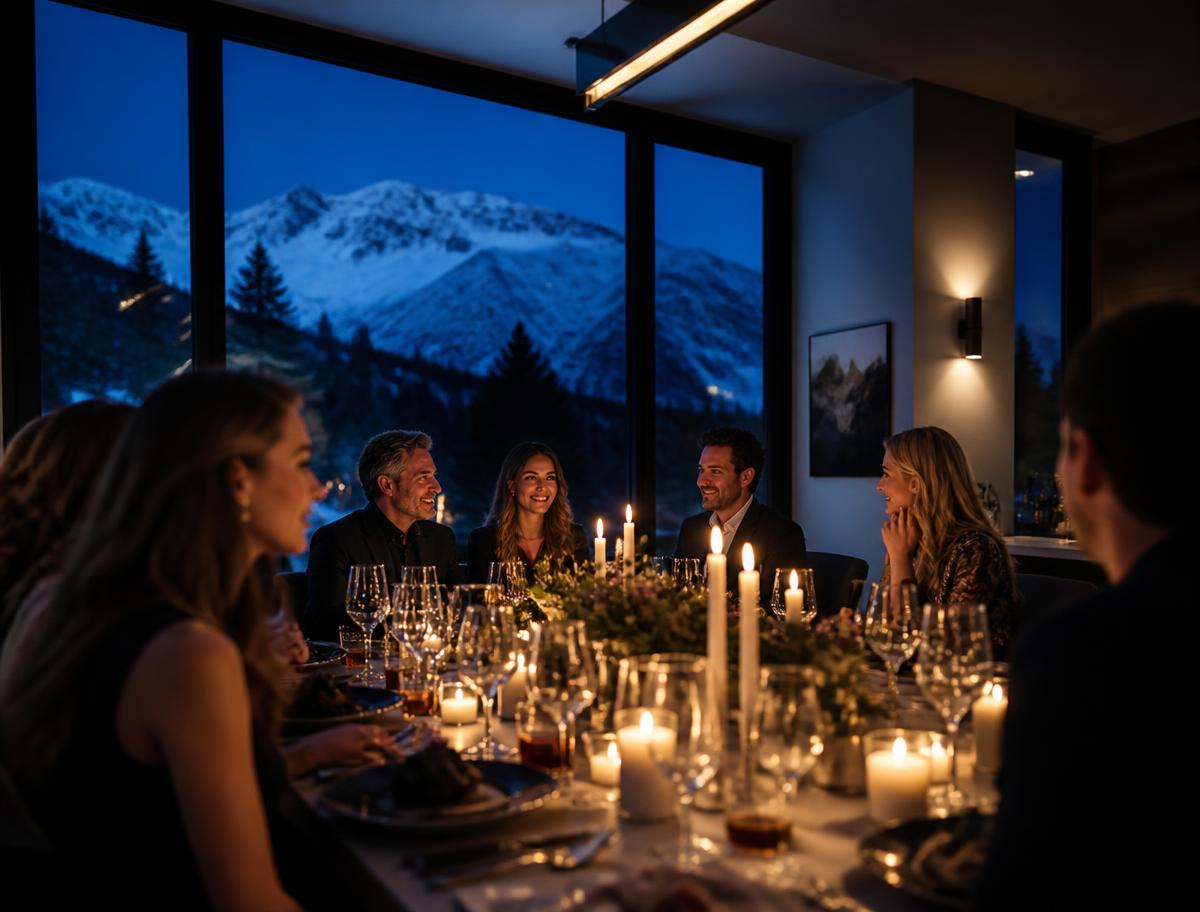 Candlelit private dinner party in a modern Park City mountain home at blue hour