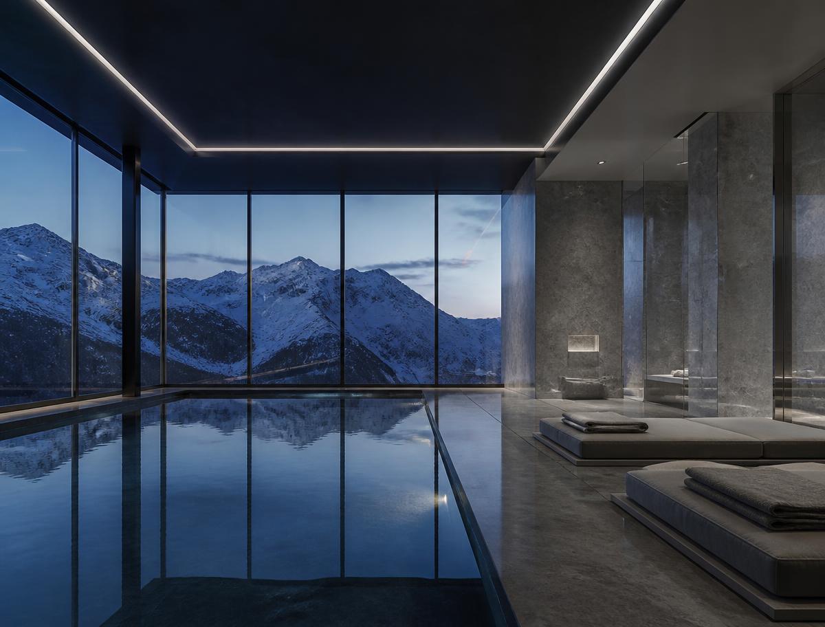 Luxury alpine spa with a still indoor pool and snowy Wasatch views at dusk