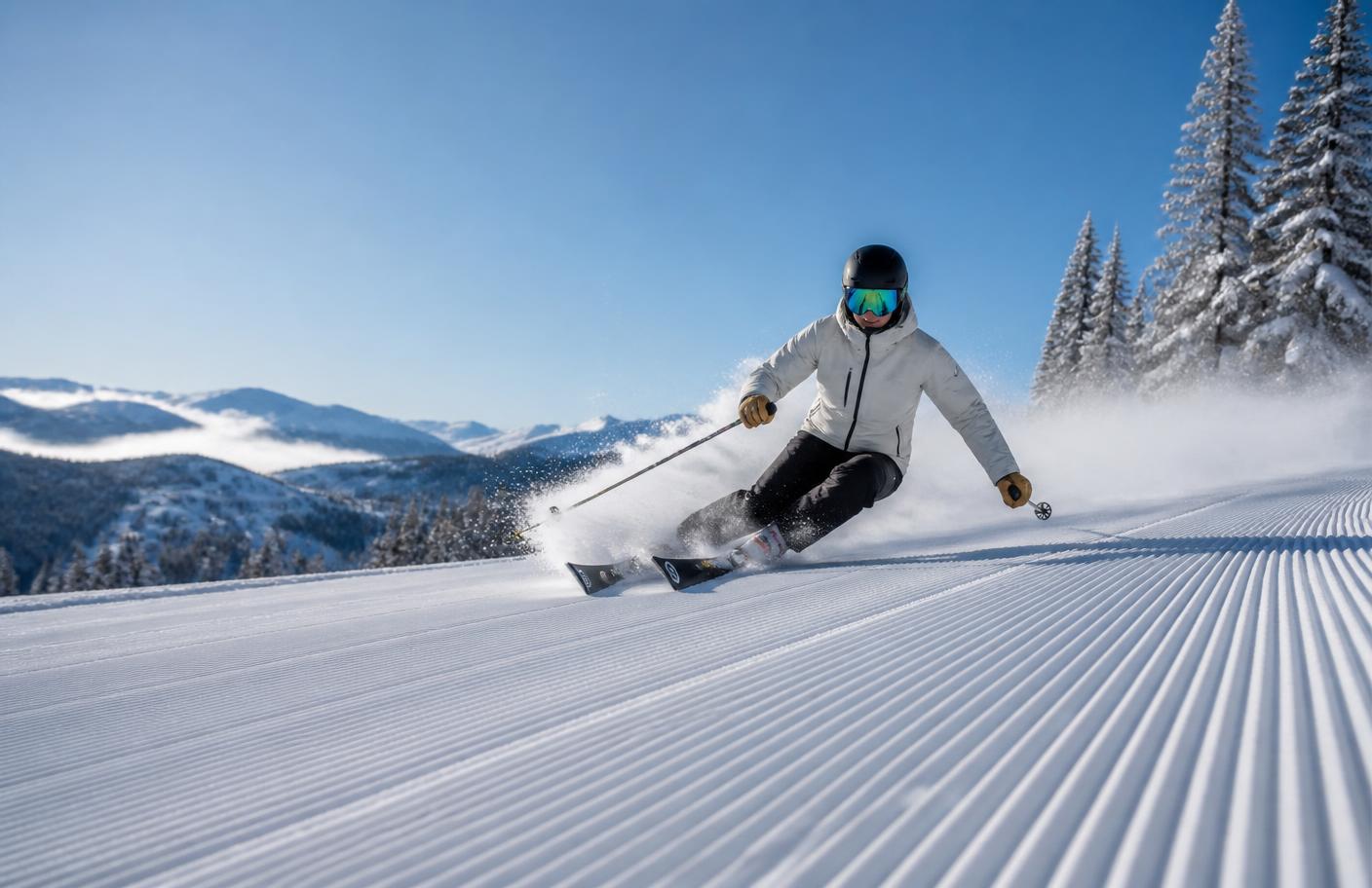Skier carving fresh groomed snow at a Utah ski resort